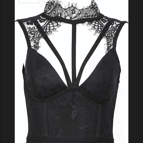 Black lace overlay high neck bodycon dress Size L - Picture 3 of 6